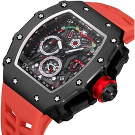 FANMIS Mens Luxury Tonneau Square Watches Analog Punk Chronograph Unique Sports Wrist Watch Japanese Movement Luminous Design with Rubber Band (Black Red), Black Red, Chronograph