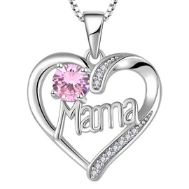 YL Mama Necklace 925 Sterling Silver Cut 12 Birthstones Cubic Zirconia Mum Pendant for Women, Silver, Cubic Zirconia