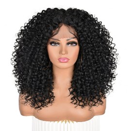 Annivia Curly Lace Front Wigs for Black Women Short Curly Lace Front Wig Pre Plucked with Babyhair, Natural Looking Synthetic Kinky Afro Short Curly Frontal Hair Wig 16inch（Natural Black,13×4）