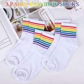 Risipu 3 Pairs Rainbow Striped Ankle High Socks Men Women Proud Month Gay Socks for LGTBQ Party, A 3 Pairs-White
