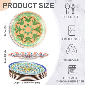 Sunnychicc 12 Pcs Round Platters Reusable 8 Inch Serving Dishes for Kitchen Thickened Heavy Duty Plastic Serving Platter for Luncheon Salad Dessert Sushi Appetizer(Bohemian,Colorful)