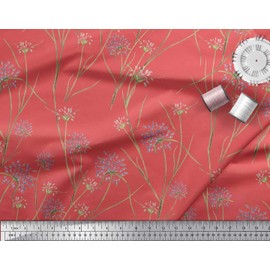 Soimoi Orange Cotton Cambric Fabric Grass & Wildflower Floral Printed Craft Fabric BTY 56 Inch Wide
