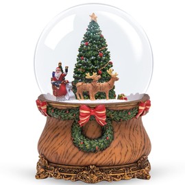 Santa Sleigh and Reindeer Christmas Tree Snow Globe, Glittering Snowflakes, Festive Decoration, for Family, Friends, Plays Jingle Bells Tune