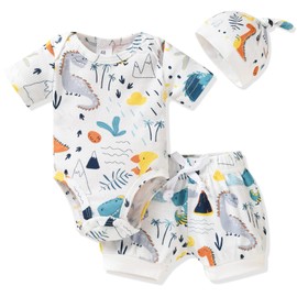 HINTINA Preemie Newborn Infant Baby Boys Outfits Dinosaur Bodysuit Romper Short Pants Hats 3Pcs Summer Clothes Set, White, 0-3 Months