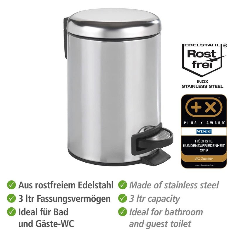 WENKO Cosmetic Pedal Bin Leman Stainless Steel Glossy 3 L
