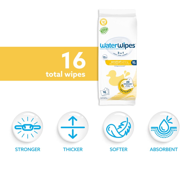 WaterWipes Sensitive+ Bathing Wipes, 3-In-1 Cleans, Cares, Protects, 99.9% Water,