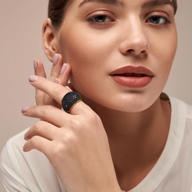 RANDES 6.5 Carat Black Spinel Dome Rings for Women 925 Sterling Silver Black Stone Wide Wedding Gold Band Statement Cocktail Rings Size 9