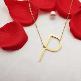 MOMOL Sideways Initial Necklace 18K Gold Plated Stainless Steel Large Big Letters P Pendant Necklace Script Name Monogram Necklaces for Women