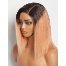 LUVME 12 Inch Bob Wig - Human Hair Light Pink Wig with Dark Roots - Glueless, Pre Plucked, Pre Cut 4x4 Bob Lace Front Wig