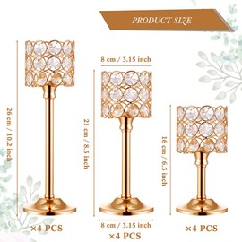 12 Pieces Crystal Candle Holders Set 3 Sizes Tall Crystal Wedding Candlestick Holders Pillar Candelabra Stand for Table Centerpieces for Christmas Party Wedding Dining Decoration (Gold)