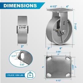 FOVERSWIVE 6"x2" Industrial Casters- Heavy Duty Casters,Cast Iron Wheel,Steel Casters Capacity up to 2500 Lb. Use for Platform Truck, U-Boat Cart,Workbenches(2 Swivel)