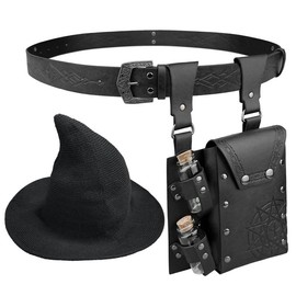 HiiFeuer Medieval Faux Leather Alchemy Set, Witch Pointed Hat for Women, Fantasy Wizard Belt with Potion Vials Waist Pouch - Colour: Brown A