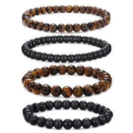 RANKEEF Mens Beaded Bracelets Lightweight 6mm/8mm Natural Stone Bracelet for Men Bead Bracelets Set Various Black Beaded Bracelet for Men Adjustable Stretch Men's Bracelet Tigers Eye Bracelet