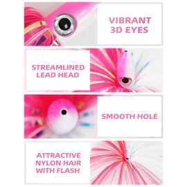 BLUEWING - Señuelos de pesca de agua salada de 1/2 onzas con cabeza de plomo para atún, Wahoo, pez vela, Mahi Mahi, rosa/blanco