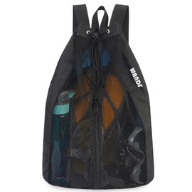 Mesh Swim Bag Beach Backpack with Wet Pocket - Drawstring Sports Bag for Swimming & Gym (Black)