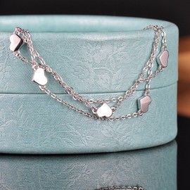 Yumilok 925 Sterling Silver Heart Charm Bracelet 3 Chains Bracelet for Women Girls 6.3-7.7 Inch Adjustable Silver/Silver Gold-Plated (Silver), Sterling Silver, without stone