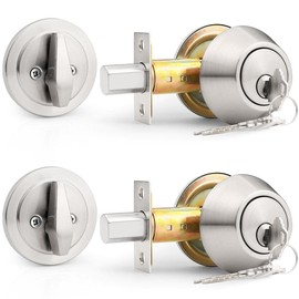 Probrico(2 Pack Keyed Alike Single Cylinder Deadbolts Brushed Nickel (Combo Packs), Keyway Keys Handleset, 3 Keys Anti-Theft Interior& Exterior Door Hardware (for Entrance Lock and Front Gate)