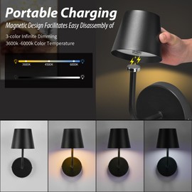 IMQSQIK LED Wireless Wall Lamp Set of 2, with 5600mAh Rechargeable Battery Powered Wall Sconces, Touch for Remote Control Infinite Dimming Be Used for Bedroom Mirror Living Room Wall Painting (Black)