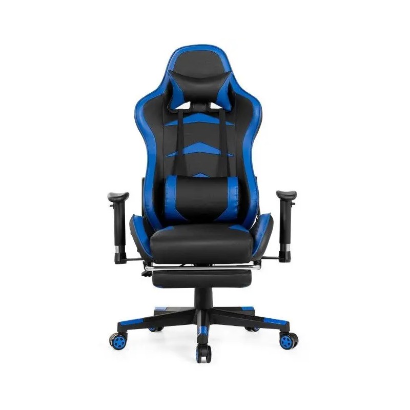 Gaming Chair Blue PU Leather 4D Armrest Manual Recliner Swivel