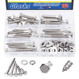 Glarks 162Pcs 1/4" 304 Stainless Steel Hex Lag Screws Assortment Kit Hex Lag Bolts with Flat Washers and Lock Washers Set for Fixing Metal, Wood, Plastic Materials