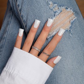 KQueenest White Press on Nails Medium Duck Shape, Milky White False Nails with Glue, Glossy Opaque, Solid Square Fake Nails Press ons, Reusable Soft Gel Stick on Nail for Women, 24 Pcs