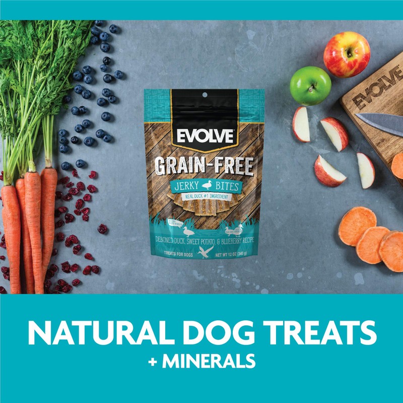 Evolve Grain Free Duck, Pea and Blueberry Jerky Bites Dog