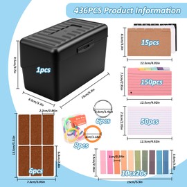 Index Cards, Index Cards Box A6, Index Card Box, 436 Pieces Index Box with 200 Colourful Thickened Lined Index Cards, 15 Tabs, 14 Rings and 6 Stickers, 200 Index Cards for School Supplies