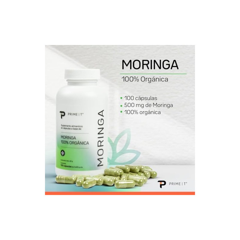 Primetech Nutrition Moringa Orgánica, 100 Cápsulas 500 Mg
