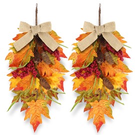 22" Fall Wreaths for Front Door 2 PCS Fall Teardrop Swag Artificial Maple Leaves Pine Cones Red Berries with Ribbon for Indoor Outdoor Farmhouse Home Wall Window Festival Wedding Decor