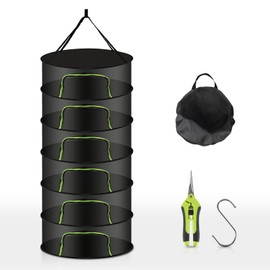 CPROSP Drying Nets for Hanging Herbs 4 Levels Foldable Drying Net Diameter 60 cm x H 80 cm with Zip, Herb Dryer Hanging with Garden Gloves, Tree Scissors, Hooks, Dry Grid