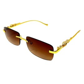 Dweebzilla Metal Jaguar Slim Rimless Luxury Rectangular Sunglasses (Gold Metallic Frame - Brown Gradient Lenses)