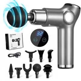 Pistola de Masaje Muscular,Pistola Masajeadora de Tejido Profundo,Máquina de Masaje Espalda Portátil,Hand-Held Massage Gun con 32 Niveles Ajustables y 8 Cabezales,USB Recargable,Súper Silencioso,Plata