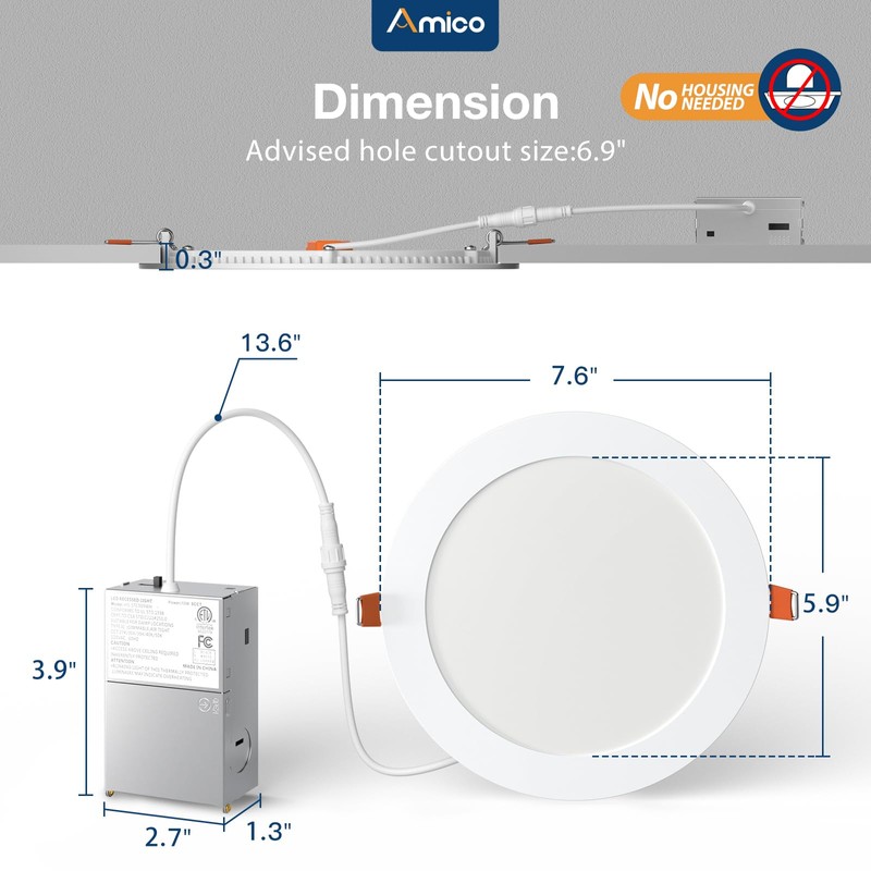 Amico 6 Pack 7 Inch 5CCT Ultra-Thin LED Canless Recessed