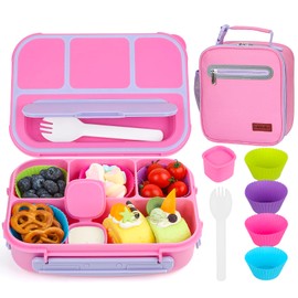 MaMix Bento Box Adult Lunch Box, Lunchable Containers for Kids Adults with 4 Compartments + Lunch Bag, with Utensils, Sauce Jar, Muffin Liners (purple set)