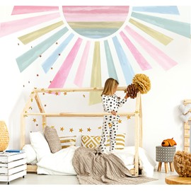 VePret Large Boho Half Sun Wall Decals Peel and Stick, Watercolor Sunshine Fabric Wall Stickers, Removable Sunrise Home Decor Art for Children's Baby Boys Girls Nursery Bedroom Living Room Classroom