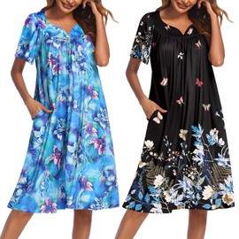Ekouaer 2 Pack House Dresses for Women with Pockets Short Sleeve Moo Moos Floral Print Mumu Dresses