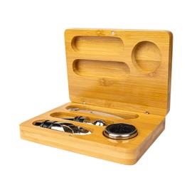Grunwerg 5 Pcs Wine Set, Wooden Box - Waiter's Knife, Stopper, Wine Pourer and Wine Collar