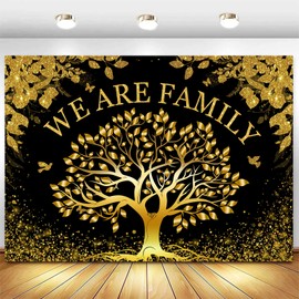 InMemory Family Reunion Backdrop Black Gold Glitter Family Tree We are Family Sign Banner Party Decorations Welcome Home Members Gathering Photography Background 7x5ft
