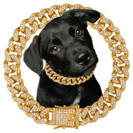 Dog Chain Diamond Collar 18K Gold Plated Walking Metal Chain 12 mm Wide Necklace with Secure Buckle Pet Cuban Style Collar Jewelry Accessories for Small Medium Large Dog Cats (14inch, Gold)