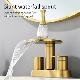 Brushed Gold Bathroom Sink Faucet 3 Hole，Waterfall Bathroom Faucet 4 Inch Centerset with Pop-Up Drain，2 Handle Stainless Steel Faucets for Bathroom Sink Vanity RV