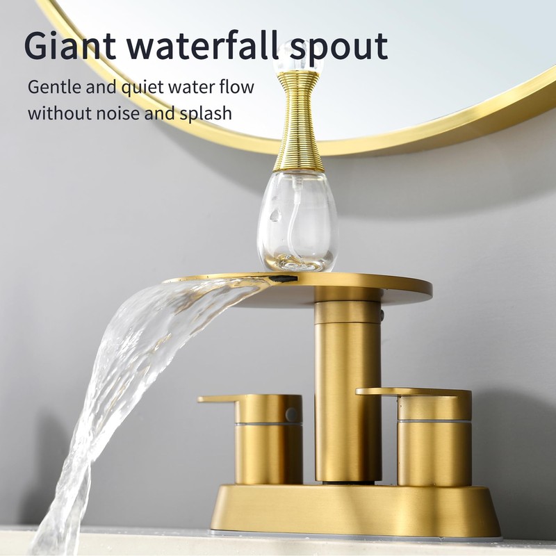 Brushed Gold Bathroom Sink Faucet 3 Hole，Waterfall Bathroom Faucet 4