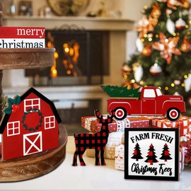 Guoofu Christmas Tiered Tray Decor, 5 Pieces Farmhouse Decorations Indoor, Merry Christmas Deer Truck Winter Wooden Signs, Rustic Christmas Decor for Kitchen Home Table Mantel Office Holiday Party