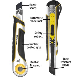 FastCap Mag Knife - Magnetic Utility Knife with Auto Safety-Retractable Blade, Durable Metal Frame, Rubberized Comfort Grip - 03053