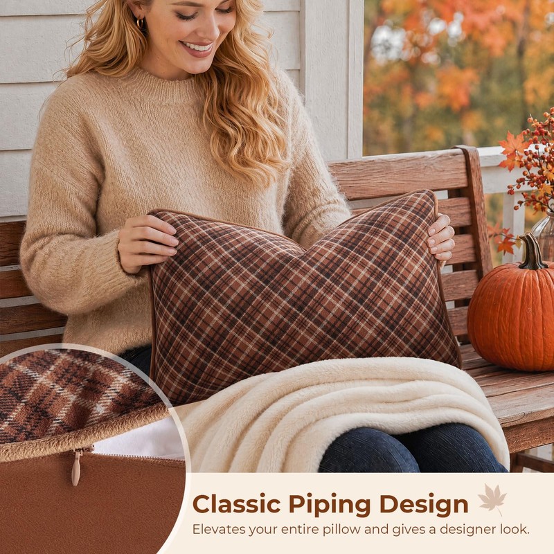 Kevin Textile Fall Plaid Pillow Cover 12x20 Inch with Piping,