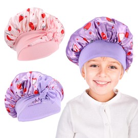 Prasacco 2 Packs Kids Satin Bonnet, Soft Sleep Cap for Curly Hair Silk Bonnet for Kids Sleeping Adjustable Baby Bonnet Satin Bonnet Hair Wrap Elasticated Band for Girls Boys Child Toddler(Purple+Pink)