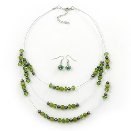 Avalaya Olive/Green/Hematite Bead Multistrand Floating Necklace and Drop Earrings Set/40cm Long/5cm Ext