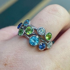 HUUGVBCO 925 Sterling Silver Geometry Gemstone Ring Inlay Nine Blue Green Clear Round Cut AAA Cubic Zirconia CZ Cocktail Ring Eternity Jewelry Gift Rings Band for Women(7)