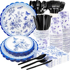 175Pcs BlueFloral Party Supplies BlueFloral Scalloped Paper Plates and Blue White Floral Napkins Cup Knive Fork Spoon for Vintage Floral Wedding Bridal Shower Party Supplies Decor Serve 25
