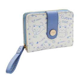 WisePoint Credit Card Wallet, PU Leather Credit Card Holder Cute card holder wallet with Handle and Cat Pattern, Multiple Card Slots Women's Wallets for Card, Cash, Change (blue)