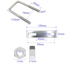 Boutihao Pack of 4 U-Bolts 304 Stainless Steel Square U-Bolts M8 x 70 x 110 mm, U-Bolt with Nuts Frame Plate U Screws, U Bracket Screw for Pipe Attachment Car Towing